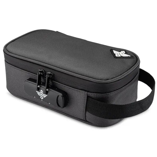 The Erozul Genesis v2 Medium Smell Proof Case by Erozul is a rectangular black zippered case with a textured surface, side handle, water-resistant, smell proof design, and an anti-theft combination lock on the front.
